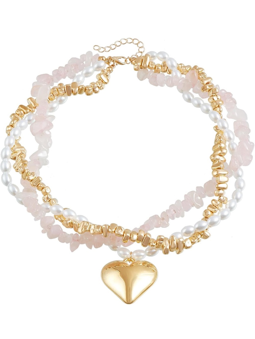 Anthropologie Gold Heart Layered Necklace with Pink Stones and Pearls - Picture 6 of 6